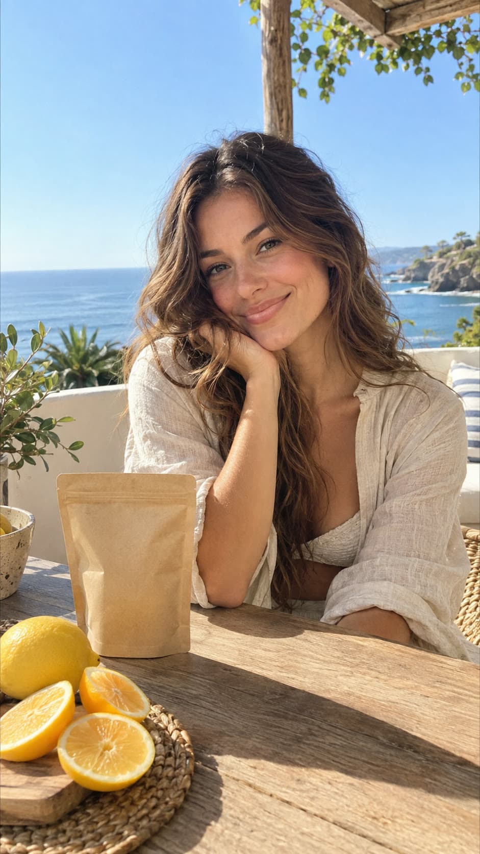 Creator presenting a wellness pouch on a sunny coastal patio