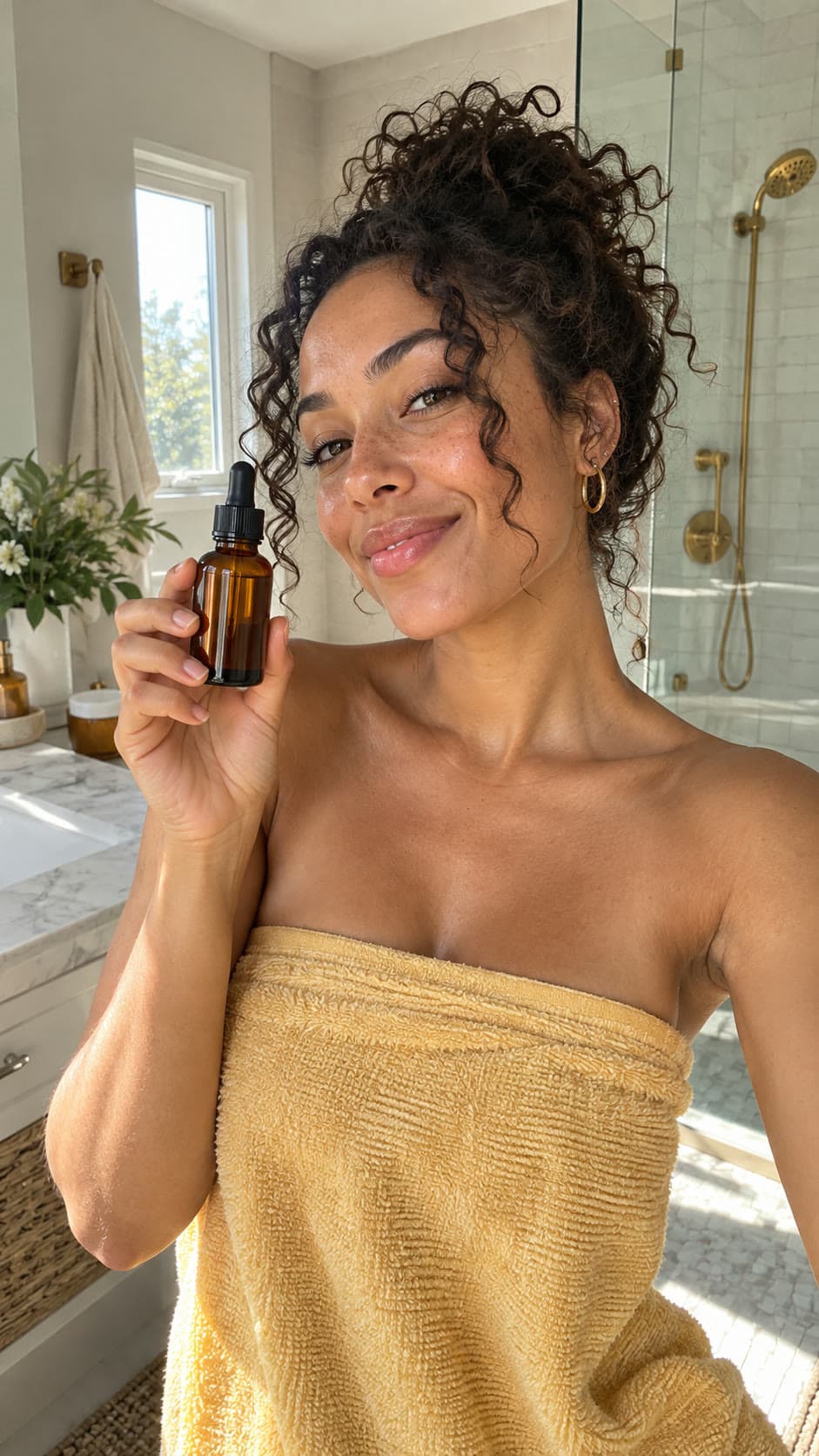 Creator presenting an amber skincare bottle in a sunlit bathroom